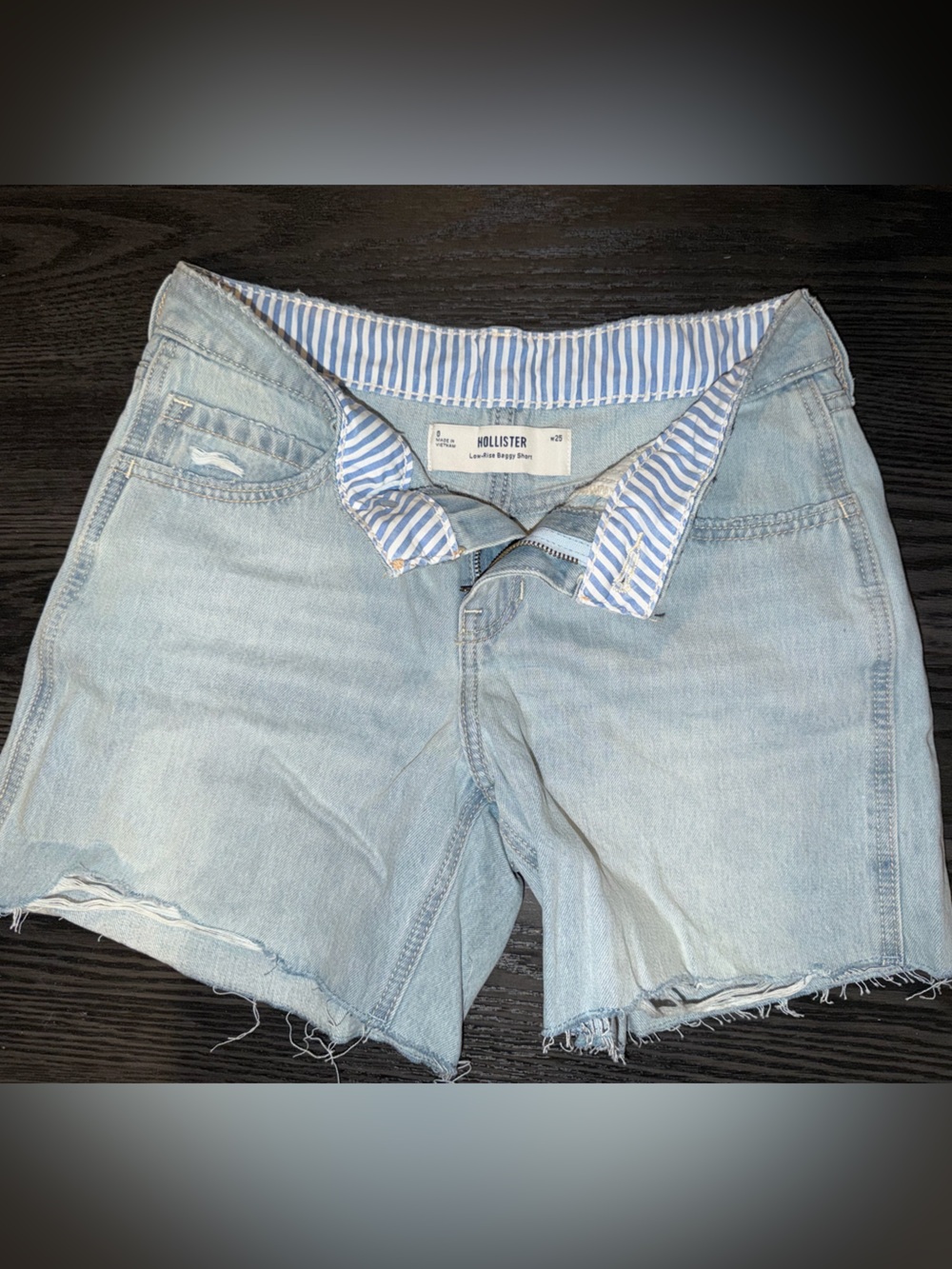 Hollister Light Wash Denim Cutoff Shorts with Striped Waistband